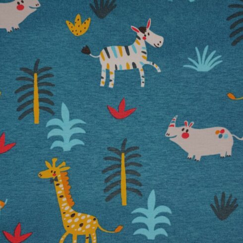 Zsiráfos, zebrás pamut jersey kék alapon