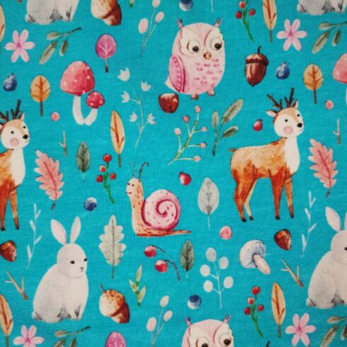 Erdei állatos pamut jersey türkiz alapon