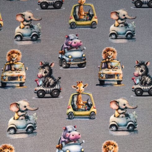 Állatos autós pamut jersey barna