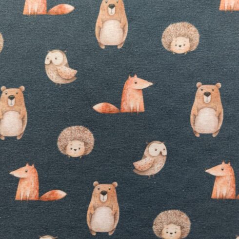 Erdei állatos hurkolt futter sötétkék darab 1,2 méter